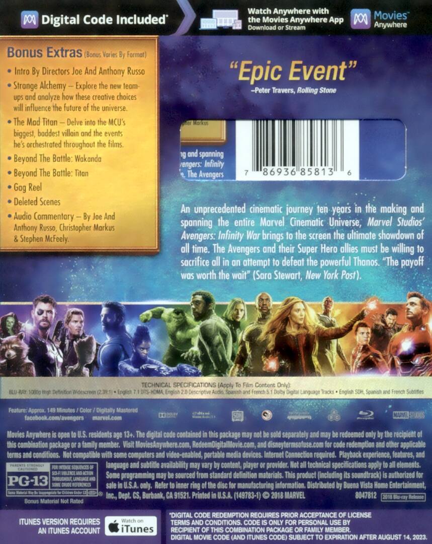 AVENGERS INFINITY WAR    BLU-RAY + DIGITAL CODE